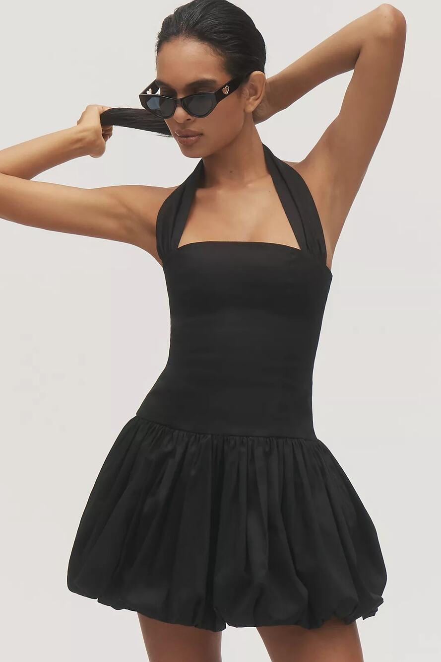 NWT Anthropologie x Delfi Collective Halter Bubble Mini Dress $298 LARGE Black